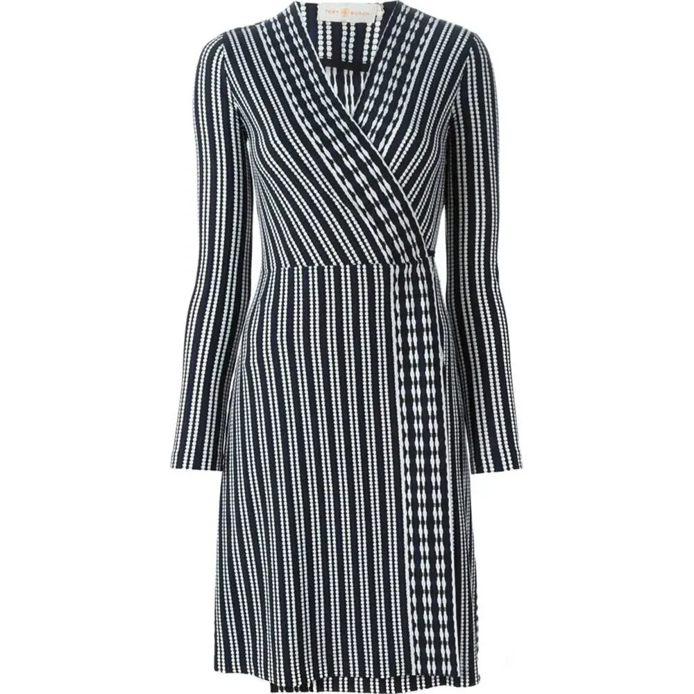 B44 Tory Burch Long Sleeve Jacquard Wrap Dress XS Navy Oxford Stripe Work Career